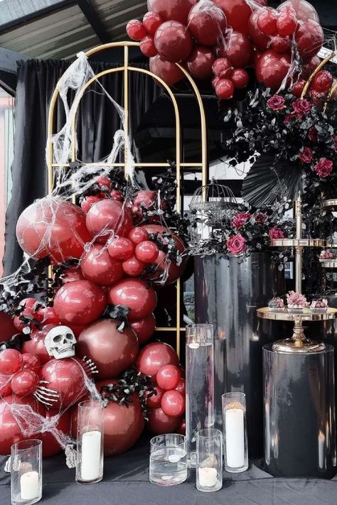 25th Halloween Birthday, 60th Birthday Halloween Theme, Halloween Party Luxury, Rip To My 20s Backdrop, 60th Halloween Birthday Party, Glam Halloween Party Decor, Elegant Halloween Birthday Party, Halloween Party Ideas For Adults Decor, Club Halloween Decorations