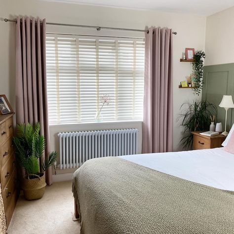 Window Treatments With Radiators, Bedroom Radiators Under Window, Radiator Under Window Curtains, Curtains Over Radiator Window, Green Bedroom With Curtains, Curtains Above Radiator, Curtains Over Radiator, Bedroom Heater, Bedroom Radiators