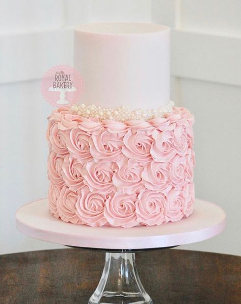 Pink pearls and rosettes Pink And White Princess Cake, 2 Tier Rosette Cake Birthday, Pink And White 2 Tier Cake, Pink Rosette Cake Ideas, Pink And Gold Rosette Cake, Two Tier Pink Cake, 2 Tier Baby Shower Cake, White Rosette Cake, Debut Cakes