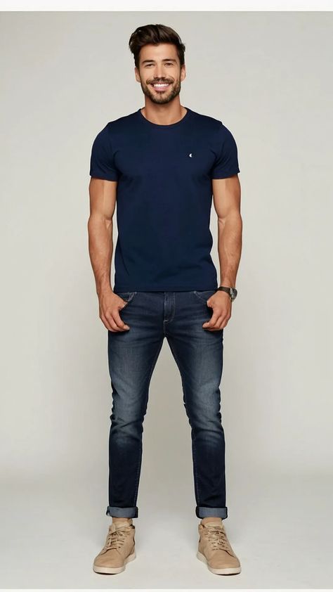 From Casual to Cool: 15 T-Shirt Outfit Ideas Men Will Love - Cheerful Talks Mens Stylish Casual Outfits, Dark Grey T Shirt Outfit, Dark Blue Shirt Outfit Men Casual, Light Blue Shirt Outfit, Dynamic Outfit, Blue Shirt Outfit Men, Gray Shirt Outfit, Blue Outfit Men, T Shirt Outfit Ideas