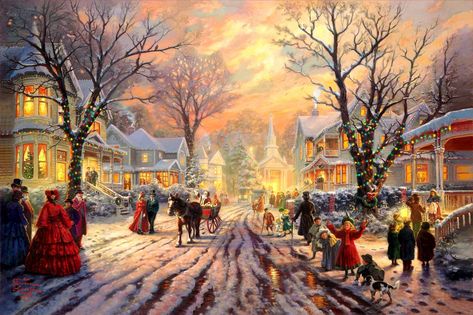 Thomas Kinkade Art, Thomas Kinkade Paintings, Thomas Kincaid, Thomas Kinkade Christmas, Kinkade Paintings, Old Time Christmas, Art Thomas, Christmas Desktop, Happy Merry Christmas