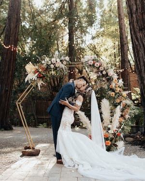 Vibrant Outdoor Wedding at Deer Park Villa in Fairfax, California | 69 more photos on PartySlate Marbled Wedding Cake, Fairfax California, Deer Park Villa, Floral Wedding Arch, Rustic Reception, Deer Park, Outdoor Ceremony, Wedding Arch, Neon Lighting