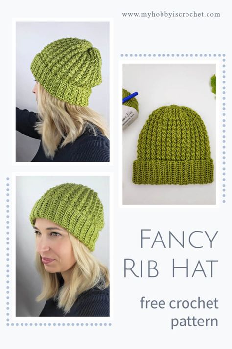 My Hobby Is Crochet: Fancy Rib Hat (with folded up brim) | Free Crochet Pattern Crochet Ribbed Hat Pattern Free, Ribbed Beanie Crochet Pattern, Yarn Dreads, Crochet Hats Free Pattern Ladies, Beanie Pattern Free, Easy Crochet Hat Patterns, Crochet Beanie Pattern Free, Crochet Adult Hat, Crochet Hat With Brim