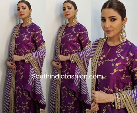 For the promotions of Sui Dhaaga, Anushka Sharma wore a purple embroidered Sabyasachi suit paired with statement gold chandbalis by Amrapali. Subtle makeup and hair tied in a neat bun rounded out her look! Sabyasachi Suits, Stylish Gown, Rayon Kurti, Subtle Makeup, Purple Suits, Kurti Set, Anushka Sharma, Designer Dresses Indian, Suit Designs