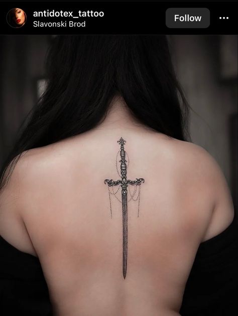 Goth Spine Tattoo, Gothic Spine Tattoo, Dagger Spine Tattoo, Yin Yang Tattoo Design, Dagger Tattoo Meaning, Feminine Dagger Tattoo, Wrap Around Ankle Tattoos, Feminine Tattoo Ideas, Slavonski Brod