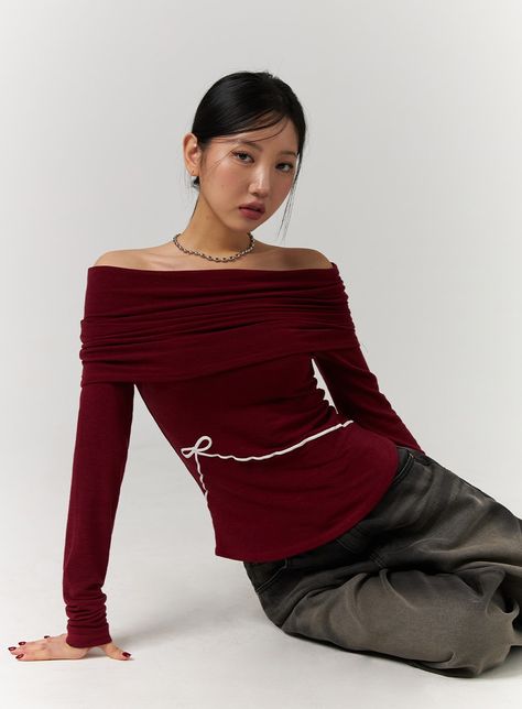 off-shoulder-solid-ruched-long-sleeve-top-with-ribbon-detail-cd329 / Dark red Dark Red Tops Outfit, Red Top With Black Skirt, Fitted Blouses For Women, Red Off The Shoulder Top Outfit, Outfit Inspo Long Sleeve, Red Off Shoulder Top Outfits, Dark Red Top Outfit, Feminine Business Attire, Dark Red Clothes Aesthetic