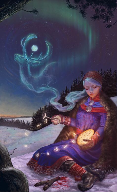 SHAMAN BY DANIELA IVANOVA Pagan Art, Witch Art, Fantasy Aesthetic, Samar, Animated Images, Indigenous Art, Samara, The Snow, Culture Art