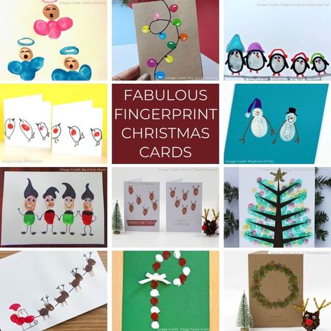 11 Simple Fun Footprint Christmas Cards - Jolly Festive Fingerprint Cards Christmas, Kids Fingerprint Christmas Crafts, Finger Print Christmas Light, Toddler Christmas Cards Diy, Fingerprint Christmas Art, Children Christmas Cards, Finger Print Christmas Cards, Christmas Fingerprint Art For Kids, Kids Xmas Card Ideas