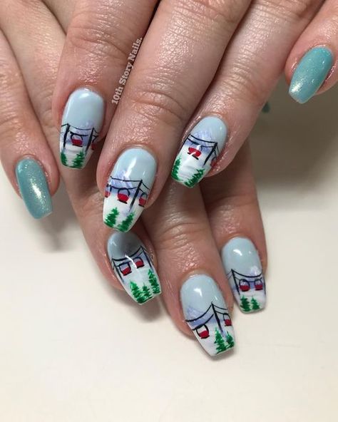 Danielle L. on Instagram: "Sweet little pinterest inspired ski lifts for Mindy’s trip to Switzerland 🎿" Ski Nails Art, Skiing Nails Ideas, Skiing Nails Art, Nails For Skiing, Ski Nail Art, Nails Skiing, Apres Ski Nails, Ski Trip Nails, Ski Nail Designs