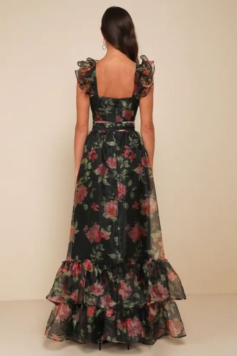 floral - Lulus Search Floral Dress Gown, Black Floral Gown, Cute Flowy Dresses, Garden Formal, Black Tie Wedding Guest Dress, Chinese Fancy Dress, Organza Gown, Ruffled Gown, Floral Bridesmaid Dresses