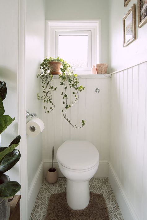 HACK: Tongue and groove cladding the easy way | Fifi McGee | Interiors + Renovation Blog 1930s Bathroom, Baños Shabby Chic, Wc Decoration, Makeover Kamar Mandi, Small Downstairs Toilet, Cloakroom Toilet, Tongue And Groove Cladding, Toilet Room Decor, Tongue And Groove Panelling