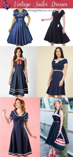 Vintage Sailor dresses, Nautical pinup, 4th of July swing dresses. Red, White Blue, Stars and Stripes! Nautical Dress Women, Nonbinary Style, Vintage Sailor Dress, Vintage Capsule Wardrobe, Blue Sailor Dress, 1940s Hair, Red White Blue Dress, White Blue Dress, Buffalo Exchange