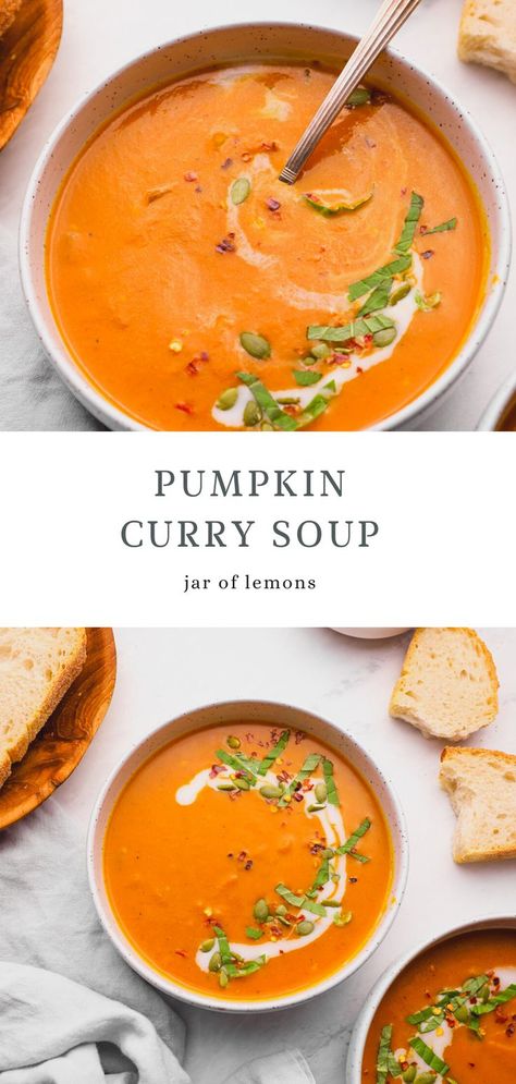 Two images of pumpkin curry soup in a white bowl. Cold Pumpkin Soup, Curry Pumpkin Soup, Curry Coconut Milk, Pumpkin Curry Soup, Curry Coconut, Curry Stew, Dairy Free Soup, Yellow Curry, Pumpkin Curry