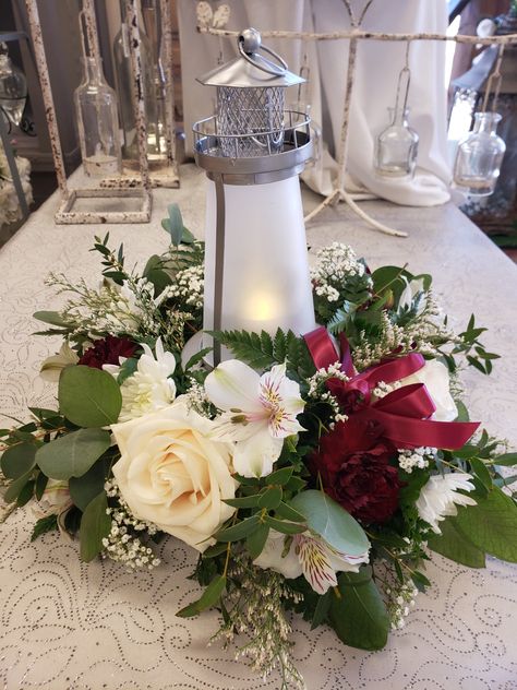 Lighthouse Centerpieces, Lighthouse Decor Ideas, Lighthouse Centerpiece Wedding, Lighthouse Wedding Centerpieces, Lighthouse Table Centerpiece, Lighthouse Theme Wedding, Lighthouse Wedding Theme, Beach Wedding Lanterns Aisle, Lighthouse Candle Holder Lanterns