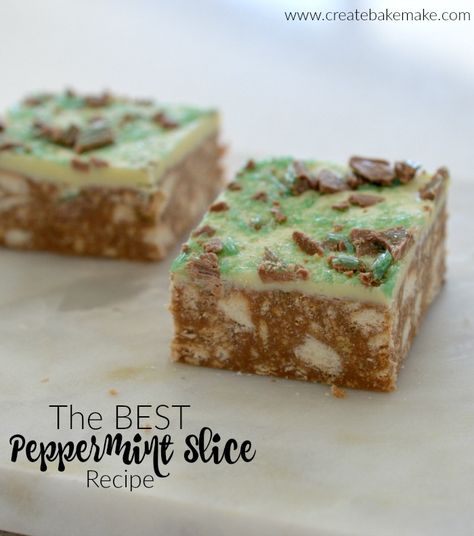 Love no bake slice? This easy  Peppermint Slice recipe is for you! All you need is a few ingredients to put this slice together - both regular and Thermomix instructions included. Peppermint Slice, Chocolate No Bake, Crisp Cookies, Slice Recipes, No Bake Slices, Easy Slice, Peppermint Crisp, After Dinner Mints, Cake Stall