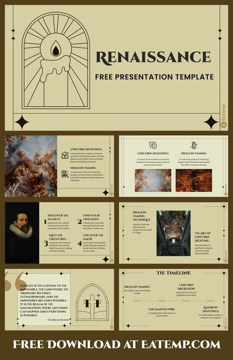 Renaissance PPT Presentation Template - Free PowerPoint Templates, Google Slides, Figma Deck And Resume Slideshow Design Layout, Slideshow Ideas Google Slides, Slideshow Presentation Ideas, Figma Presentation Template, Google Slides Templates Free Backgrounds, Google Slide Layout, Aesthetic Presentation Ideas, Aesthetic Google Slides Ideas, Free Template Powerpoint Slide Design