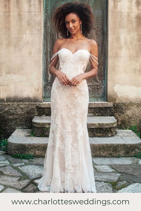 A unique fitted lace wedding dress from Madison James. This gown has a unique, beaded strap detailing reminiscent of a flapper girl. Great Gatsby wedding anyone? Charlotte's is the best wedding dress shop in Portland, Oregon with the largest selection of wedding dresses in PDX. Find plus size, a line, fit and flare, beaded wedding dresses and so much more! Shop bridal accessories, veils, jewelry and bridal merch! Madison James Wedding Dress, Sheath Wedding Gown, Girls Bridesmaid Dresses, Madison James, Charlotte Wedding, Designer Bridal Gowns, Wedding Dresses Beaded, Fitted Wedding Dress, Wedding Dresses Strapless