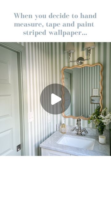 Rebecca Hewitt | Home Styling & Interior Design on Instagram: "When hand measuring, taping and painting for a striped wallpaper look, the transition from the intensity of the process to the serenity of the final product is a violent jump! But worth every minute in the end.  Would you do painted striped wallpaper?!   Paint Color: @benjaminmoore Salisbury Green, flat sheen, lightened by 50%  Tape: @frogtape multi surface, 1.41”   Blood, sweat + tears: my own 😅" Striped Wallpaper Powder Room, Bathroom Stripes Paint, Striped Walls Bathroom, Striped Powder Room, Striped Bathroom Walls, Striped Wallpaper Bathroom, Painted Stripes On Wall, Attic Addition, Green Striped Wallpaper