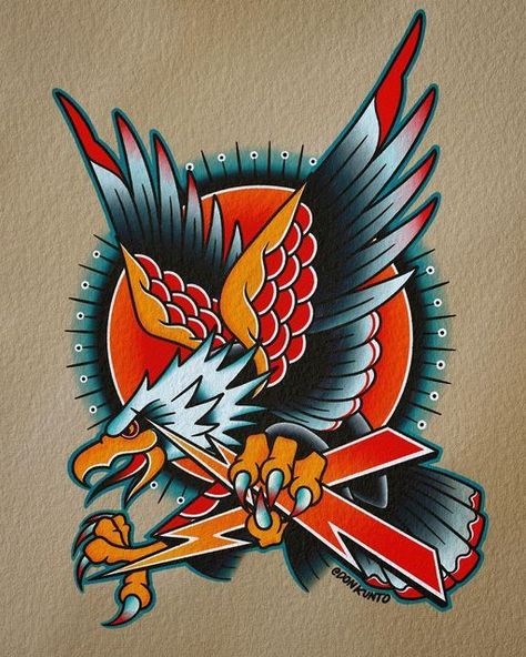 American Traditional Eagle Tattoo Design, Colourful Tattoo Ideas, American Traditional Eagle, Colourful Tattoo, Bushido Tattoo, Traditional Eagle Tattoo, Traditional Tattoo Inspiration, Traditional Style Tattoo, Tattoo Old School