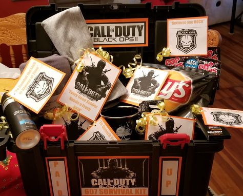 Present for my guy....huge Call of Duty "Care Package" that I made for him Call Of Duty Gift Ideas, Army Care Package Ideas Boyfriends, Army Care Package, Black Ops Zombies, Care Package Ideas, Special Gifts For Him, Package Ideas, My Guy, Call Of Duty Black Ops