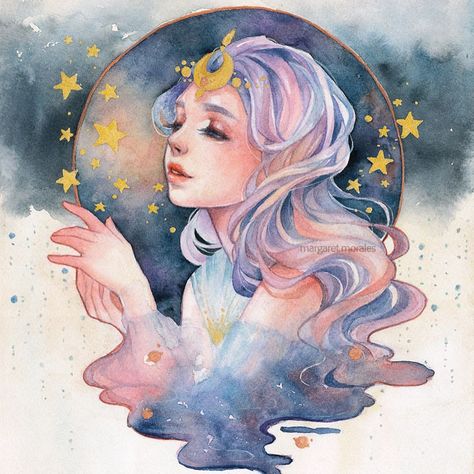 "Twinkle" is now available for bidding at our collective's Celestial themed auction this month! I reeaalllyyy love how the colors + gold paint turned out!! How about you? Tell me what you think~!✨ -- Also, if you would like to own this one of a kind piece at an affordable rate, this is your chance~  Head over to @femmethouart collective's Facebook page to place a bid!❤️ Thank you lovelies *SOLD* Margaret Morales, Illustration Art Nouveau, Digital Paintings, Arte Inspo, Art And Illustration, 판타지 아트, Watercolor Artist, Pretty Art, Amazing Art