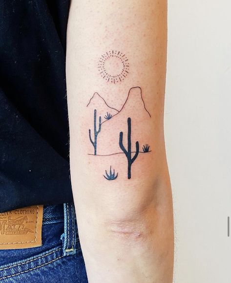 Desert Moon Tattoo, Tattoos To Get In Mexico, Southwest Tattoo Design, Southwestern Tattoos For Women, Cactus Tattoo Men, Moab Tattoo, Line Cactus Tattoo, Monument Valley Tattoo, Granola Girl Tattoo Ideas