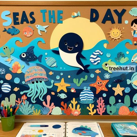 Ocean School Bulletin Board ideas and Ocean Door Décor. Ocean Theme Preschool Classroom Bulletin Boards Under The Sea, Ocean Hallway Decor School, Underwater Bulletin Board, Ocean Bulletin Board Ideas, Ocean Classroom Theme, Ocean Bulletin Board, Ocean Activities Preschool, School Bulletin Board Ideas, Water Board