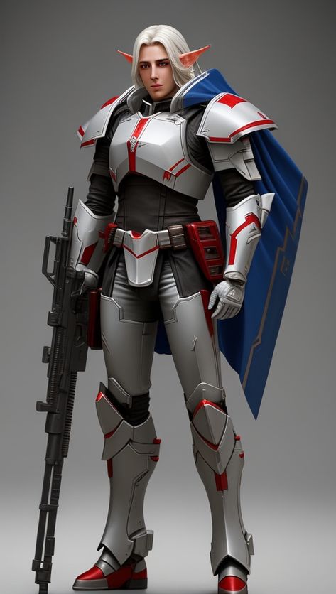 High-level elf sci fi soldier dressed in heavy sci fi armour in white, red, and blue, male, with a light machine pistol, full body, HD Sci Fi Super Soldier, Sci Fi Elves, Sci Fi Armour, Sci Fi Elf, Starfinder Characters, Sci Fi Soldier, Space Elf, Space Armor, Cloth Designs