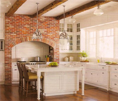 Oven Brick Backsplash, Brick Range Surround, Brick Around Stove, Brick Alcove In Kitchen, Brick Stove Backsplash, Brick Around Stove In Kitchen, Brick Arch Over Kitchen Stove, White Kitchen Brick Wall, Brick Hood Vent