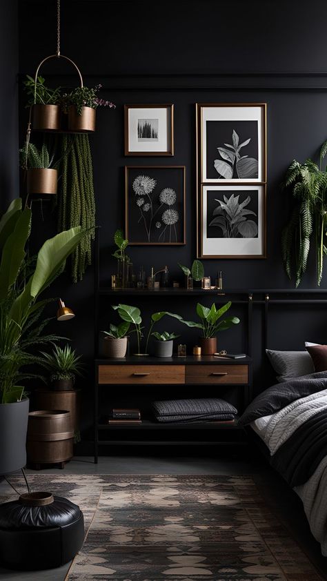 Embrace the magic of dark moody interiors. #DarkMood #CozyHome Dive into velvety dreams for ultimate comfort. #LuxuriousCozy #DarkRetreat Find comfort in the mysterious charm. #MoodyLiving #CozyNooks Moody vibes, elegant coziness. #DarkAmbience #ComfortLiving Velvet dreams, moody elegance. #DarkMood #CozyLiving Embrace the allure of shadows at home. #MoodyDecor #CozyVibes Guest Bedroom Office, House Beds For Kids, Black Bedroom Decor, Canopy Bed Frame, Moody Decor, Dark Home Decor, Eclectic Bedroom, Dark Interiors, Cozy Bedroom