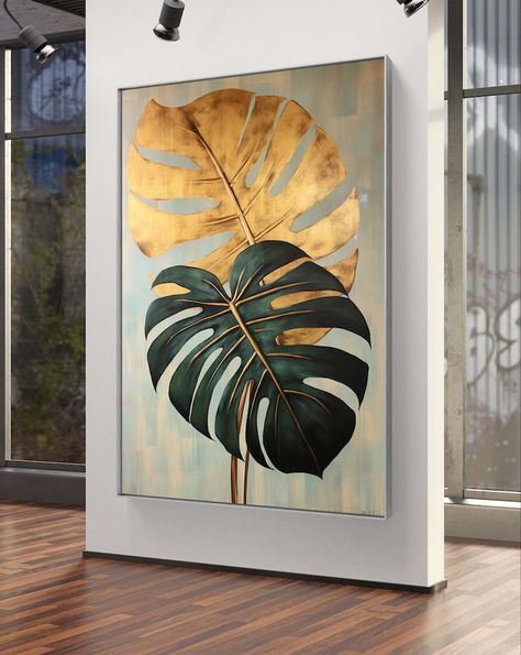 Green and Gold Monstera Plant Print, Jungle, Tropical, Gallery Wall Art, Printable, Living Room, Bedroom Rose Gold Monstera Leaves - Etsy Hong Kong Tropical Glam Living Room, Art On Green Wall, Diy Wall Art Painting Boho, Tropical Painting Ideas, Green Decor Living Room, Bedroom Rose Gold, Monstera Leaf Painting, Tropical Gallery Wall, Monstera Plant Art