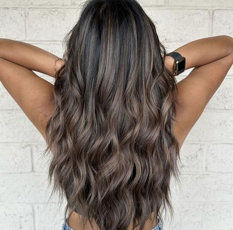 Cool Toned Brown Highlights On Black Hair, Black Ashy Hair, Dark Brown Hair With Cool Highlights, Dark Brown Hair With Dimension Cool Tone Highlights, Brown Balayage On Dark Hair, Brown Hair Partial Highlights, Dark Hair With Dark Highlights, Black Hair Partial Highlights, Brownie Hair Color