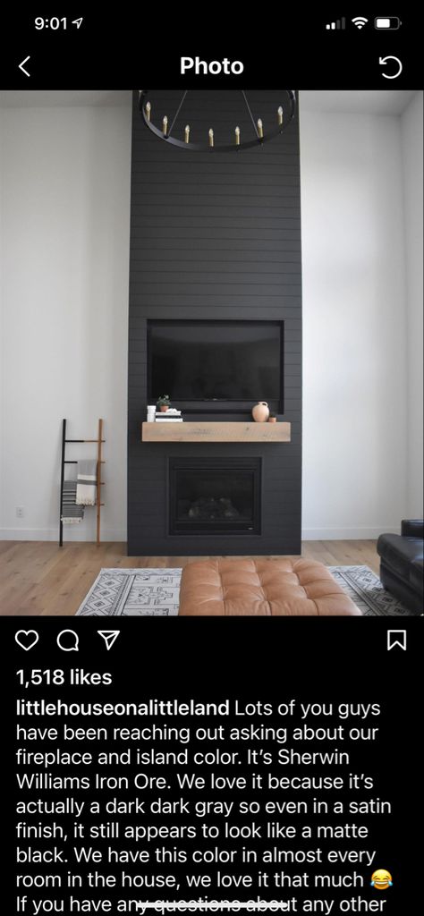 Painted Tall Fireplace, Iron Ore Shiplap Fireplace, Iron Ore And Snowbound, Iron Ore Sherwin Williams Fireplace, Sherwin Williams Iron Ore Fireplace, Iron Ore Fireplace Wall, Iron Ore Fireplace, Iron Ore Accent Wall, Herringbone Fireplace