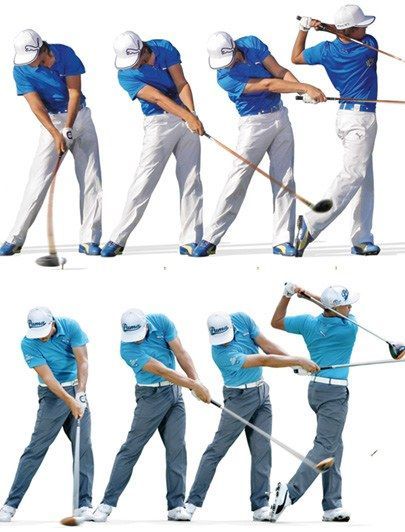 BEFORE: HANGING BACK AND FLIPPING THE HANDS Because Rickie used to lose the club behind him, he'd have to back up, or tilt to the right, to give his hands a chance to square the face at impact. Look at how far behind his body his head used to be—and for how long. He was timing the strike with his hands, which was inconsistent.—Butch Harmon AFTER: MOVING FORWARD, EVERYTHING GOES Now Rickie is more "on top of the ball" at impact, his body centered and everything releasing to the target. The bri... Golf 7 R, Golf Club Grips, Golf Net, Rickie Fowler, Used Golf Clubs, Golf Drills, Golf Tips For Beginners, Womens Golf Fashion, Golf Exercises