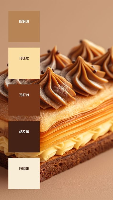 Colors: B78456 ° FBDFA2 ° 783719 ° 452216 ° F8EDD6 Dessert Colour Palette, Pastry Color Palette, Chocolate Colour Palette, Food Colour Palette, Dessert Color Palette, Bakery Color Palette, Colour Palette Brown, Food Color Palette, Chocolate Color Palette