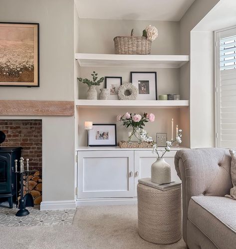 Helena Jones | A few shelf styling tips 🤍 Concrete vases - @whitebarn_home Wreath - @thewhitecompany Candle holders - @samroseinteriors Artichoke… | Instagram Alcove Ideas Living Room, Log Burner Living Room, Lounge Room Styling, Shelf Decor Living Room, Living Room Renovation, Beige Living Rooms, Living Room Decor Fireplace, Cosy Living Room, Living Room Design Inspiration