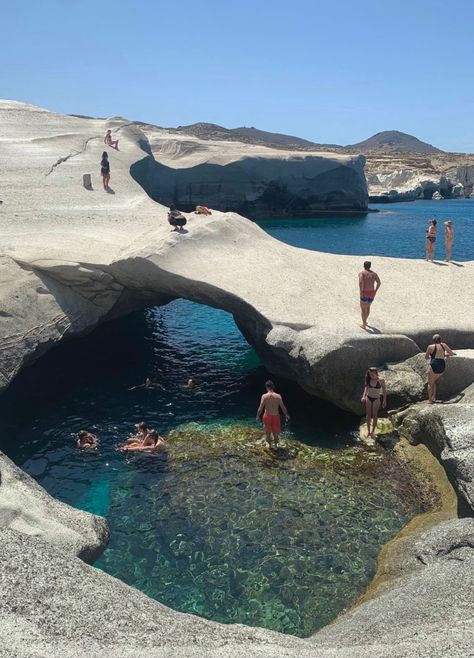 The coast of milos where the sea creates a natural pool. People bathing in swim wear Milos Greece Aesthetic, Greece Aesthetics Outfit, Summer In Greece Aesthetic, Greek Summer Outfits, Milos Greece, Greek Summer, Adventure Travel Explore, Ocean Vibes, Europe Summer