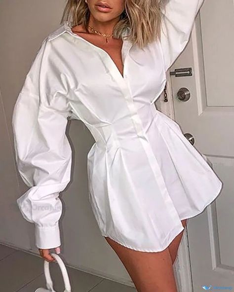 Slim Blouse, Laced Up Shirt, Office Dresses For Women, Womens Fall Dress, Pleated Blouse, Dress Shirts For Women, Hippie Outfits, White Shirt Dress, Long Puff Sleeves