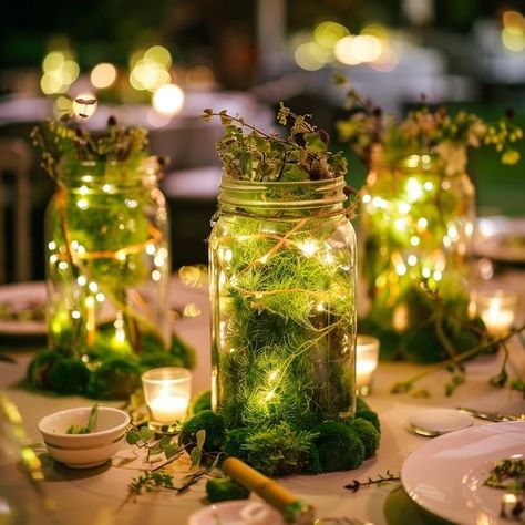 DIY: Create Charming Centerpieces Using Fairy Lights, Mason Jars, and Moss – Sarah Romanowski Wedding Design Mason Jars With Fairy Lights, Jars With Fairy Lights, Moss Centerpiece Wedding, Enchanted Forest Centerpieces, Enchanted Forest Prom, Moss Centerpieces, Whimsical Party, Fairy Lights Wedding, Elegant Centerpiece