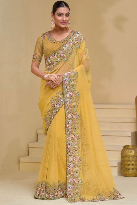 Maize Yellow Pure Banarasi Tuscany Designer Saree Reception Saree, Sari Design, Yellow Saree, Party Kleidung, Embroidered Wedding, Wear Saree, Work Sarees, Traditional Sarees, Banarasi Sarees