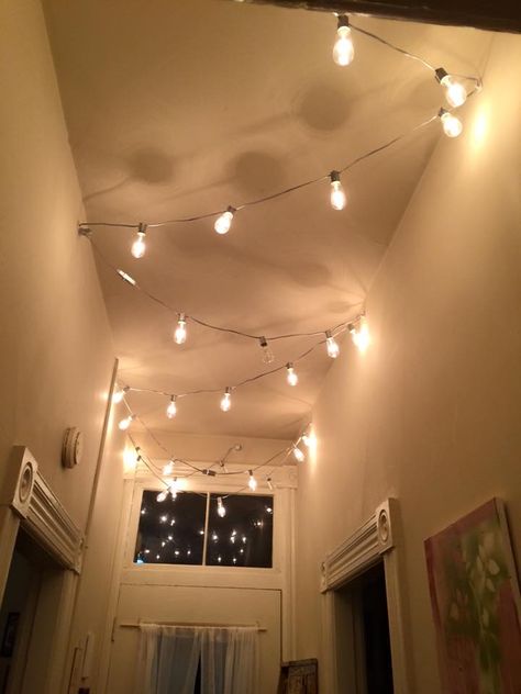 String Lights Down Hallway, Light Bulb Lights Bedroom, Hanging Light Bulbs Bedroom, Industrial String Lights Bedroom, Edison String Lights Indoor, String Lights Across Ceiling, No Big Light Rooms, How To Hang Lights In Bedroom, Bulb Lights In Bedroom