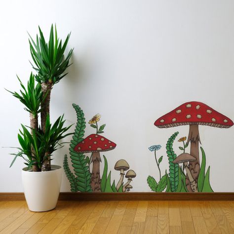 Garden Fence Art, Mushroom Paint, Garden Mural, Large Mushroom, Bedroom Murals, Fence Art, Wall Murals Painted, Fence Paint, Wall Drawing