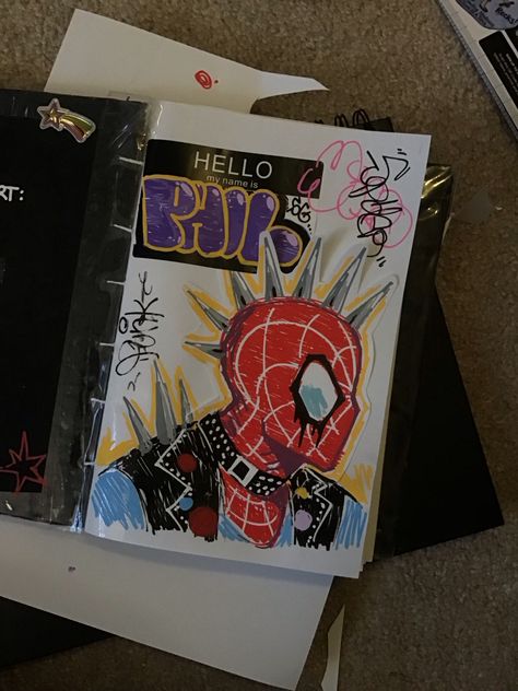 Things To Draw On The First Page Of A Sketchbook, First Page Of A Sketchbook Ideas, Sketchbook First Pages, Spider Man Sketchbook Page, Spiderman Sketchbook Page, Spider Man Sketchbook, First Page Ideas Sketchbook, First Page Of A Sketchbook, Character Page Sketchbook