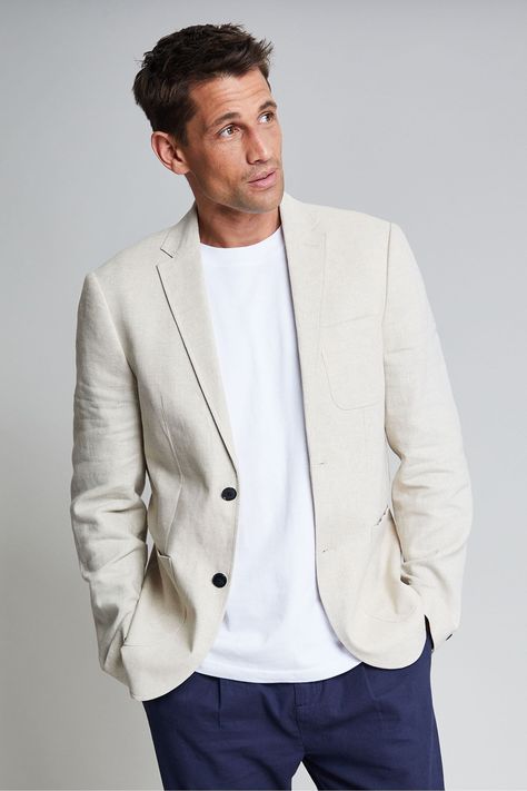 Linen Blazer Outfit, Blazer Man, Beige Trouser, Single Breasted Blazer, Revere Collar, Blazer Beige, Linen Jackets, Mens Linen, Linen Suit