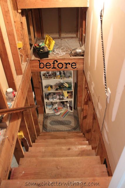 Garage Basement Entrance, Finished Stairs To Basement, Adding Stairs To Basement, Basement Door Under Stairs, Space Under Basement Stairs Ideas, Basement Makeover Before And After, Bottom Of Basement Stairs Ideas, Opening Basement Stairwell, Stairway Storage Ideas Basement