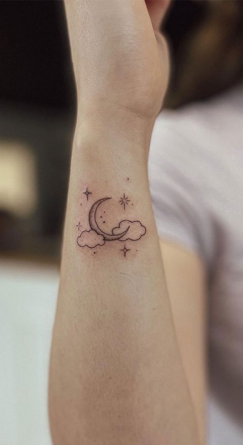 star tattoo, star tattoos, star tattoo designs, star tattoo ideas, star tattoo on arm, star tattoo on hand Romantic Moon Tattoo, Moon And Sun And Stars Tattoo, Star With Flowers Tattoos, Moon Behind Clouds Tattoo, Clouds Stars Tattoo, Night Sky Tattoo Ideas, Moon And Shooting Star Tattoo, Written In The Stars Tattoo, Nighttime Tattoo