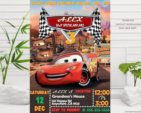 HappyBirthdayBox - Etsy Lightning Mcqueen Party, Mcqueen Party, Cars Birthday Invitations, Car Themed Parties, Car Birthday Theme, Boy Birthday Invitations, Car Themes, Birthday Idea, Birthday Invitation Template