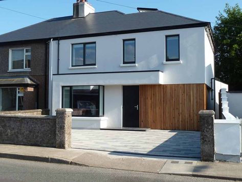 Architect Loic Dehaye - Cork retrofit blitzes new build NZEB standard - passivehouseplus.ie Off White Rendered House Exterior, Council House Extension, Cladded Porch Entrance, Render House Exterior, House Exterior Render, 1960s House Renovation Uk Interior, Ex Council House Renovation, Ex Council House Makeover Exterior, Ex Council House Makeover