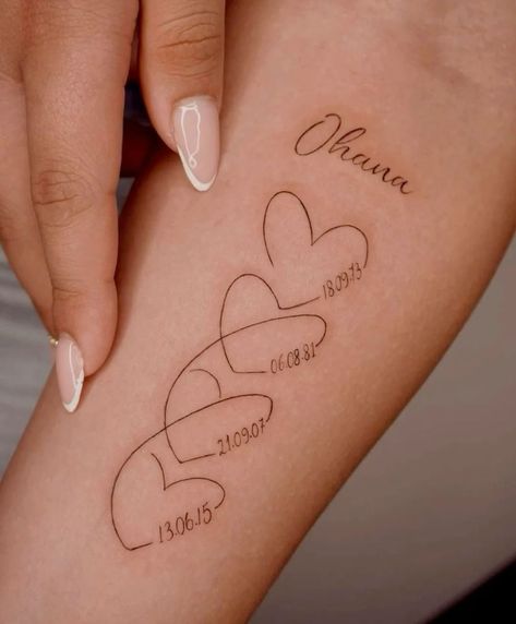 Tattoo For Siblings Names, Tattoo Idea For Siblings, Siblings Names Tattoo, Sibling Heart Tattoos, 4 Hearts Tattoo, Heart Tattoos With Names, Dolphin Tattoo, Tiny Heart Tattoos, Vacation 2023