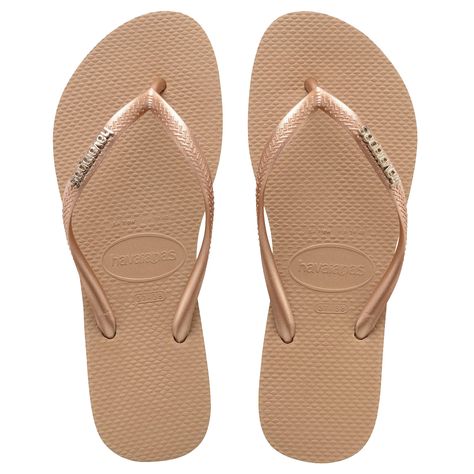 Havaianas Slim Logo Metallic Flip Flops - Rose Gold -UK 3/4 Slim Logo, Logo Flip Flops, Women's Flip Flops, Rubber Flip Flops, Square Logo, Havaianas Flip Flops, Disney Shop, Beach Flip Flops, Crystal Rose